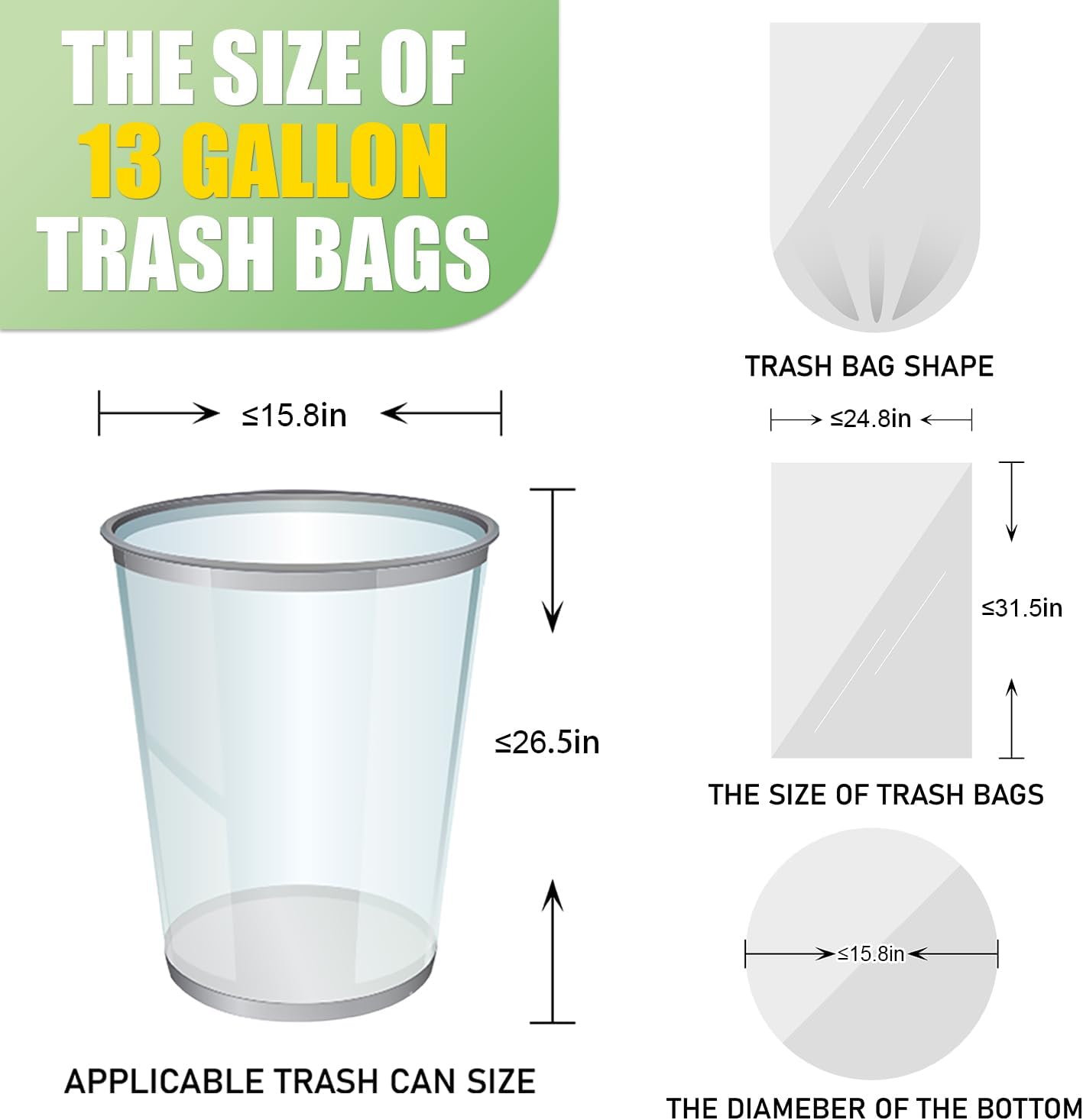 13 Gallon Tall Kitchen Trash Bags - 110 Count Clear Plastic Garbage Bags Unscented Trash Can Liners Strong Waste Basket Bags 49.2 Liter for Home and Office Bins