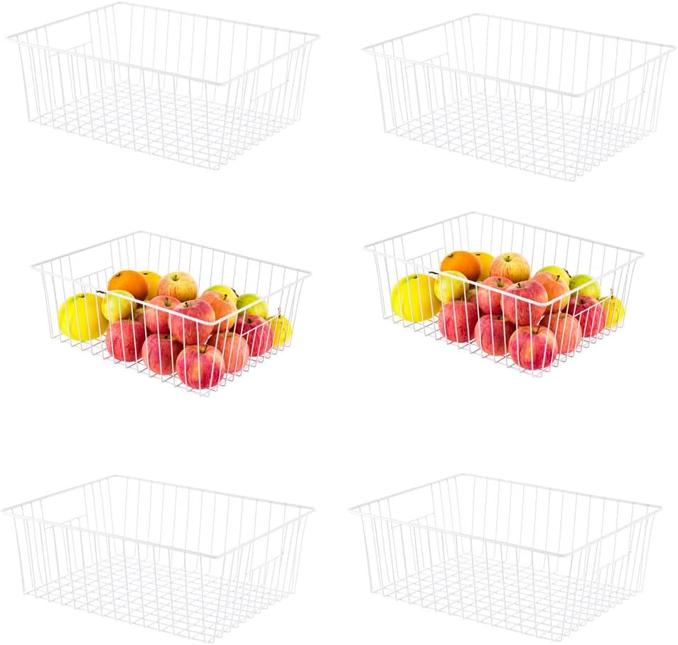 16" L x 12" W Wider Freezer Storage Organizer Baskets Container, Deep Metal Wire Chest Upright Refrigerator Divider Bins with Built-in Handles for Cabinet, Pantry, Closet, Kitchen, Pearl White