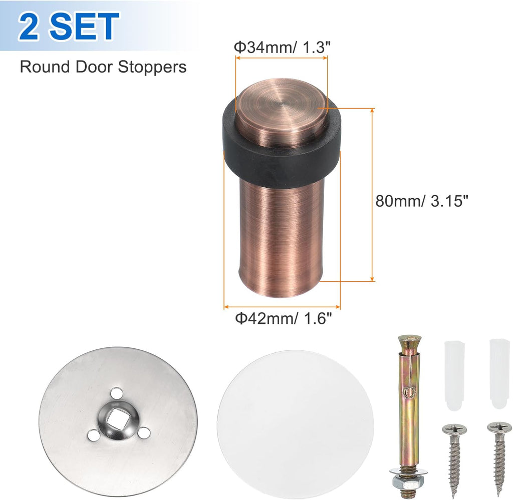 PATIKIL 2Set Round Door Stoppers, 80mm Stainless Steel Door Stop Doorstop Wedge Metal Cylinder Self Adhesive with Screw for Bottom of Door Floor Inside, Copper Tone