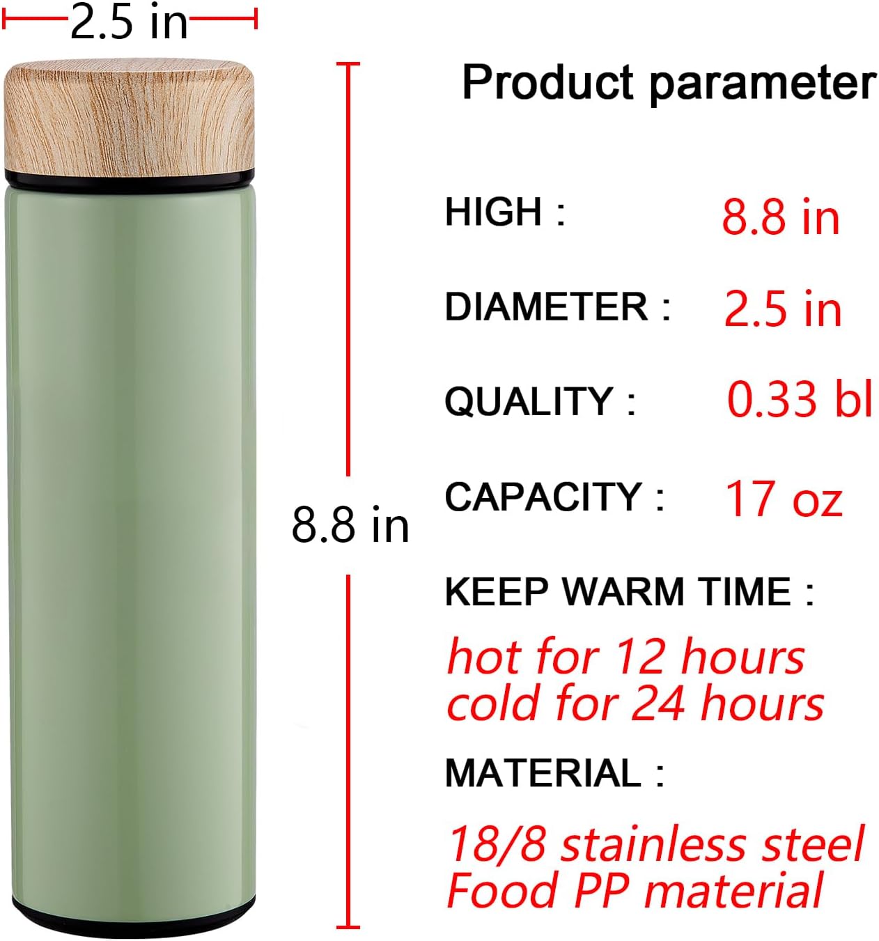15oz Water Bottle Stainless Steel Thermos Flask - Insulated Vacuum, Leak Proof, Keeps Drinks Hot/Cold - Ideal for Coffee, Tea, Water - Green