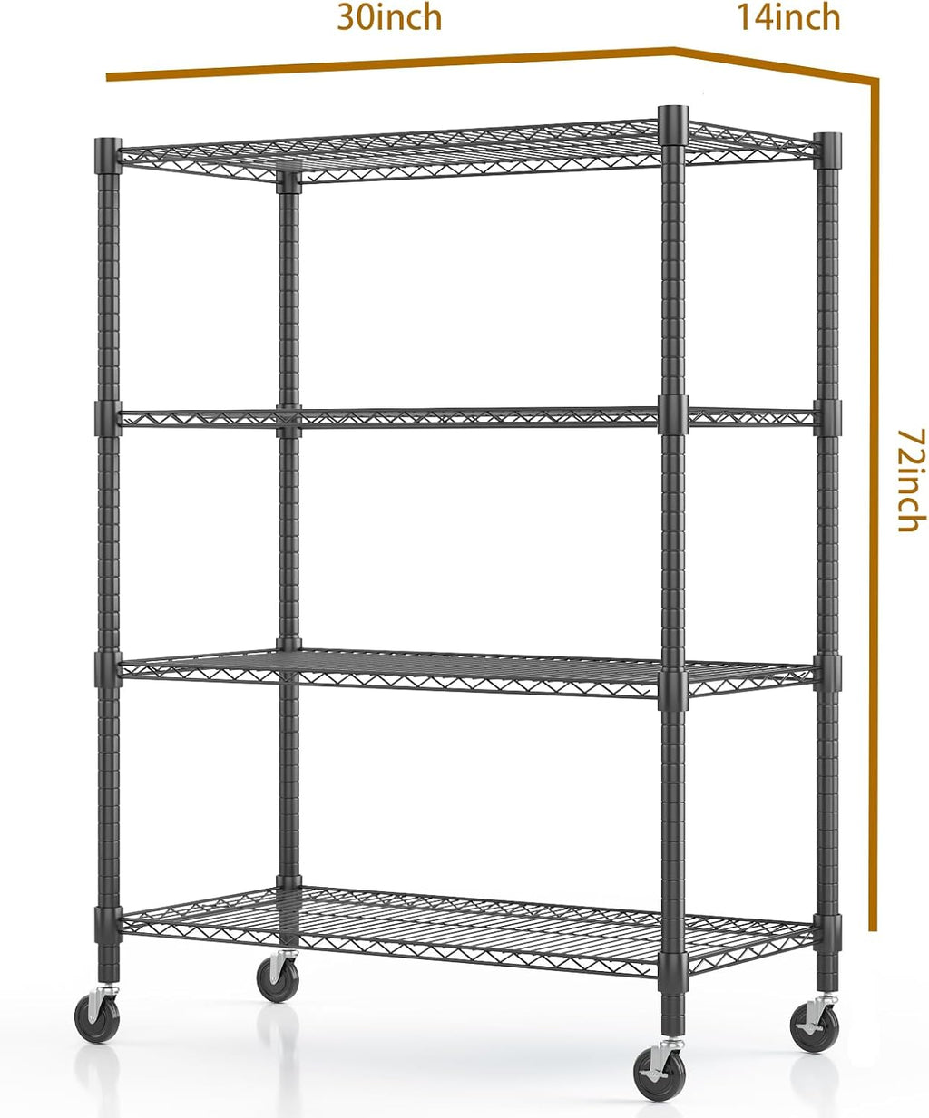 Himimi 72" H Wire Shelving Unit Storage, Metal Storage Shelves with Wheels, Heavy Duty Shelves with 4-Tier Adjustable Layer Rack Strong Steel for Kitchen Pantry Basement, 14" D×30" W×72" H, Black