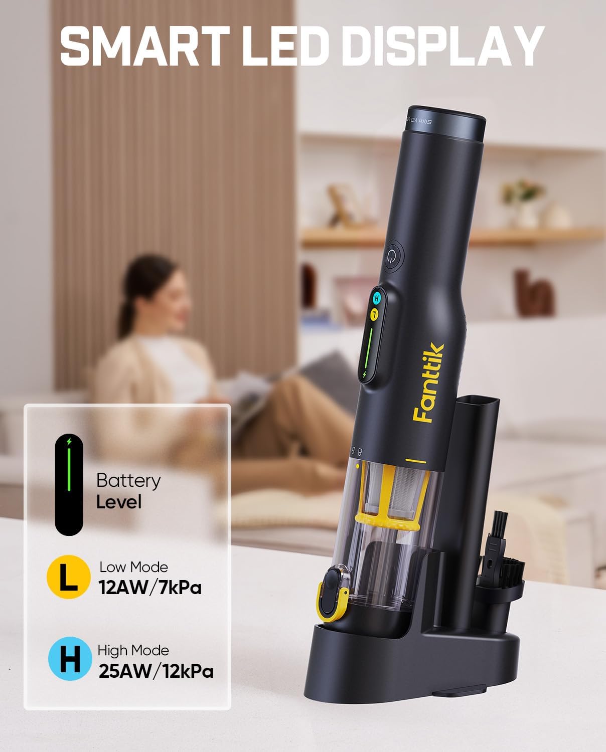 Fanttik Slim V10 Lite Cordless Handheld Vacuum, 0.98lb Lightweight with All-in-One Base Design, 12000Pa Suction & Smart LED Display, Portable Mini Vacuum Cleaner for Kitchen Table, Home, Car