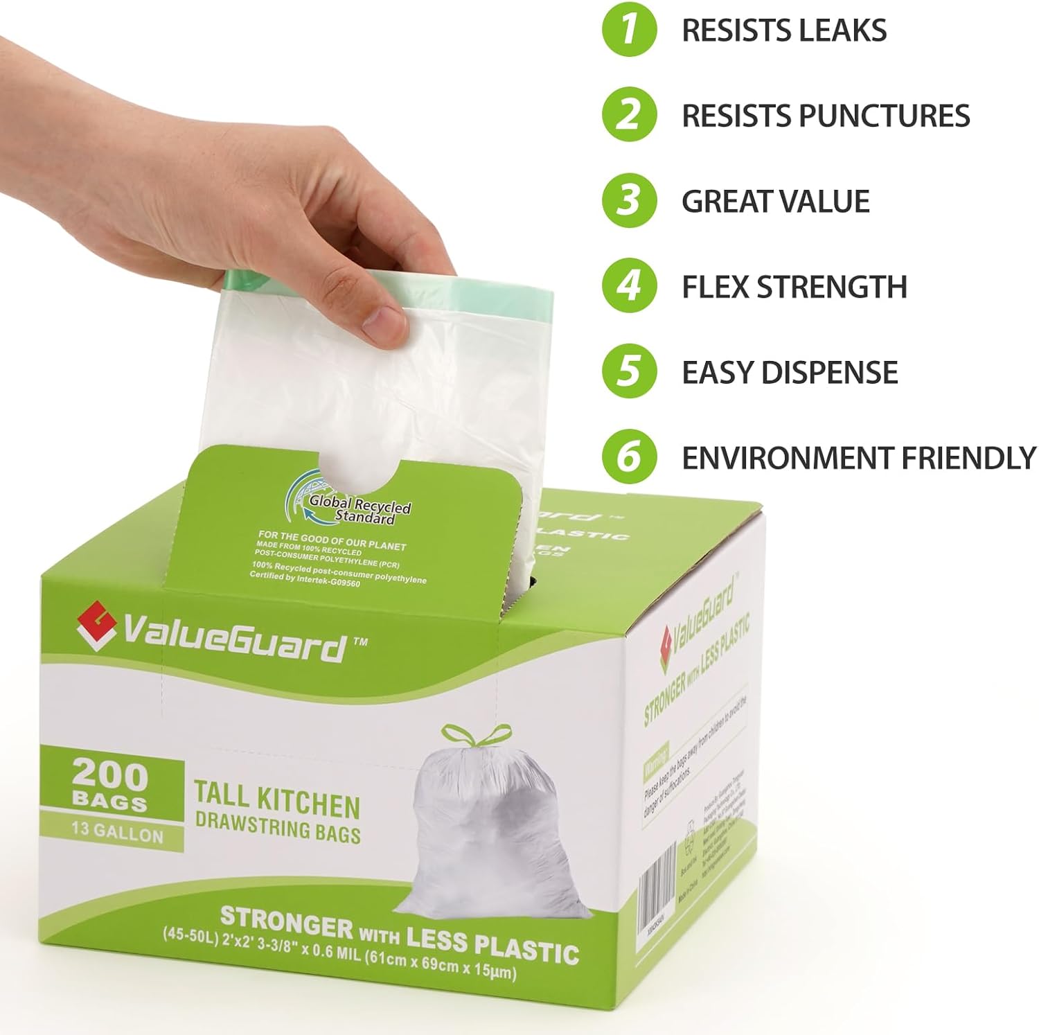 Large Trash Bag 13 Gallon Tall Drawstring 100% Post-Consumer Recycled Garbage Bag Waste Bag for Kitchen Office 0.6 Mil (200 Count)