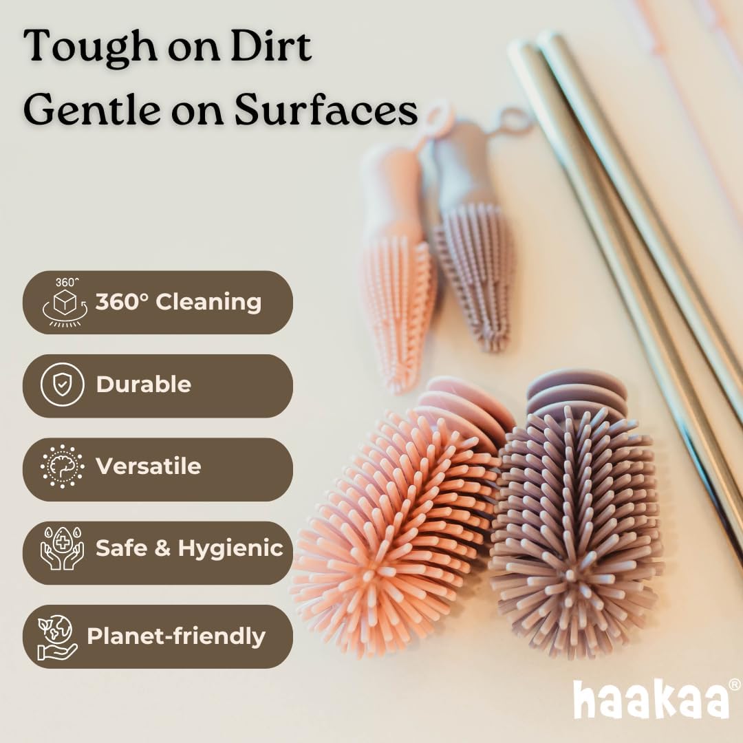 Haakaa Silicone Cleaning Brush Kit – Household Cleaning Brushes for Bottles and Crevices – Food-Grade Silicone: Dishwasher Safe (Brush-Grey)