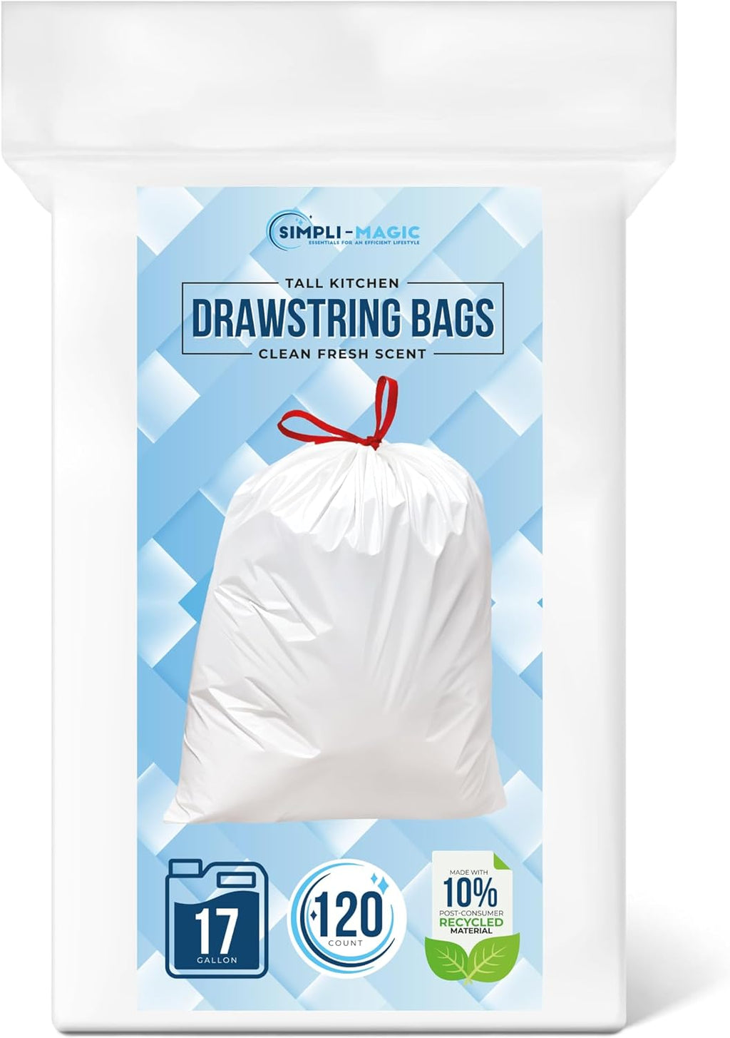SIMPLI-MAGIC 17 Gallon Drawstring Trash Bags, 120 Pack – Tall Kitchen Garbage Bags, Custom Made with Premium Materials (White)