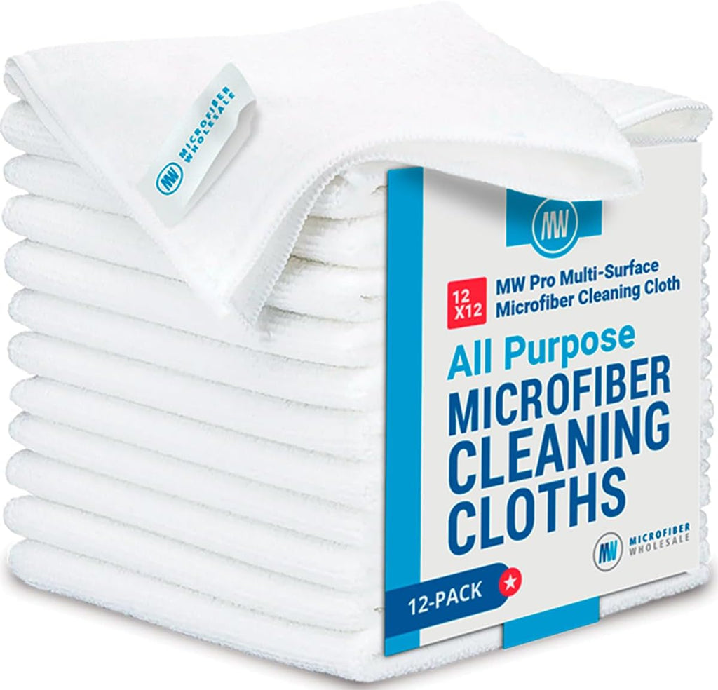 12" x 12" MW Pro Multi-Surface Microfiber Cleaning Cloths | White - 12 Pack | Premium Microfiber Towels for Cleaning Glass, Kitchens, Bathrooms, Automotive, Supplies & Products