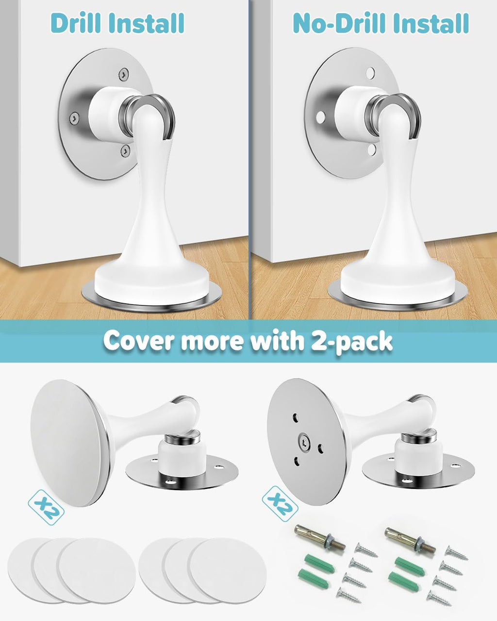 Magnetic Door Stoppers Door Catch - 2 Pack Stainless Steel Heavy Duty Door Stops for Bottom of Door, Wall & Floor Mounting No-Drill Strong Adhesive & Screws, Door Holder to Keep Door Open