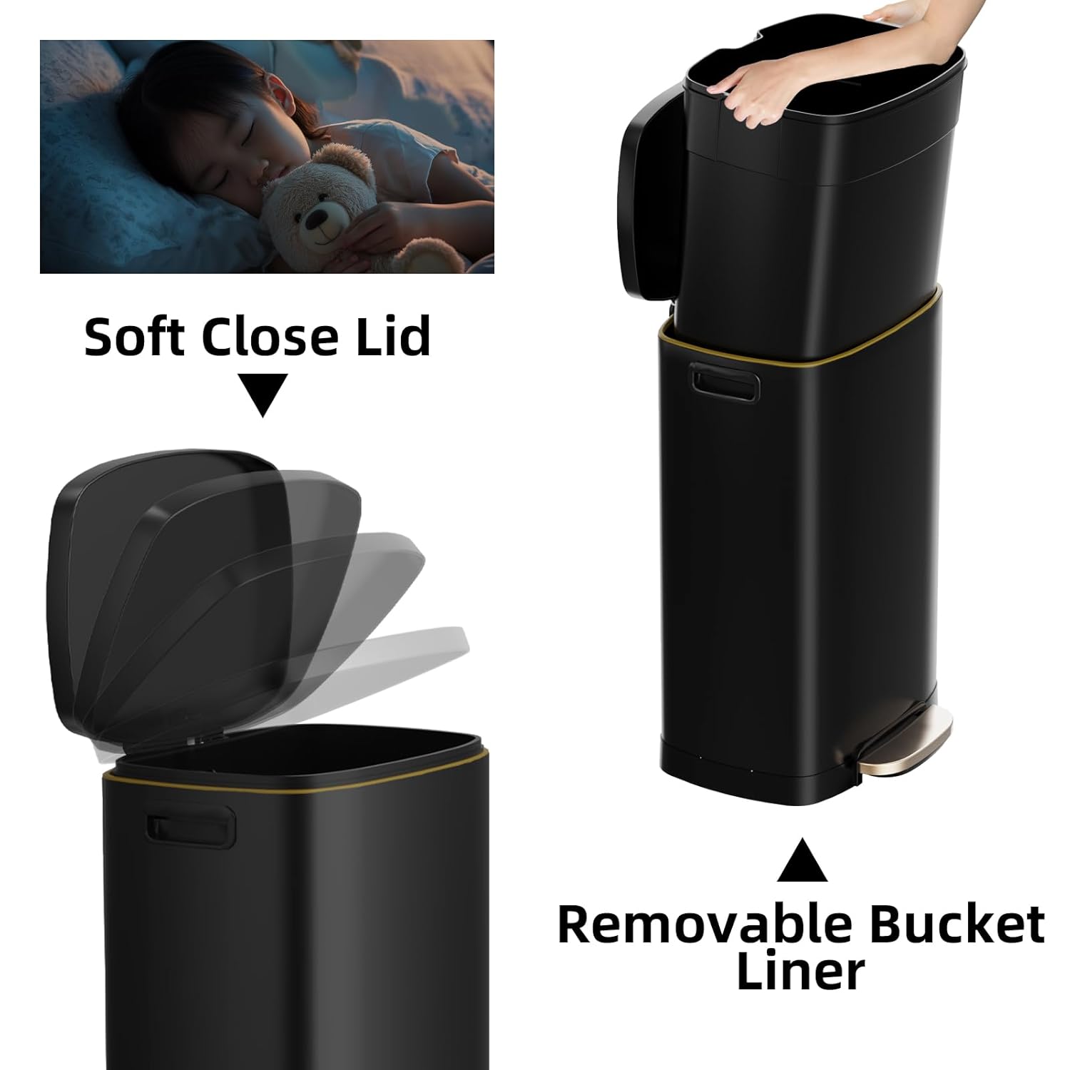 13 Gallon Trash Can with Lid, 50L Fingerprint Proof Stainless Steel Kitchen Trash Can with Removable Inner Bucket and Lid Soft Close, Pedal Rubbish Bin for Home Office, Black