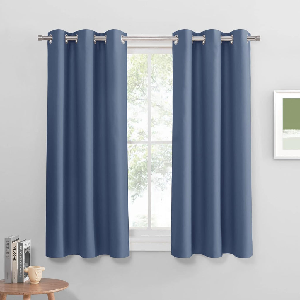 PONY DANCE Stone Blue Short Blackout Curtains for Kitchen 45 Inch Length, Thermal Insulated Grommet Curtains for Bedroom, Black Out Drapes for Bathroom Small Window (2 Panels Set, 34 inches Wide)
