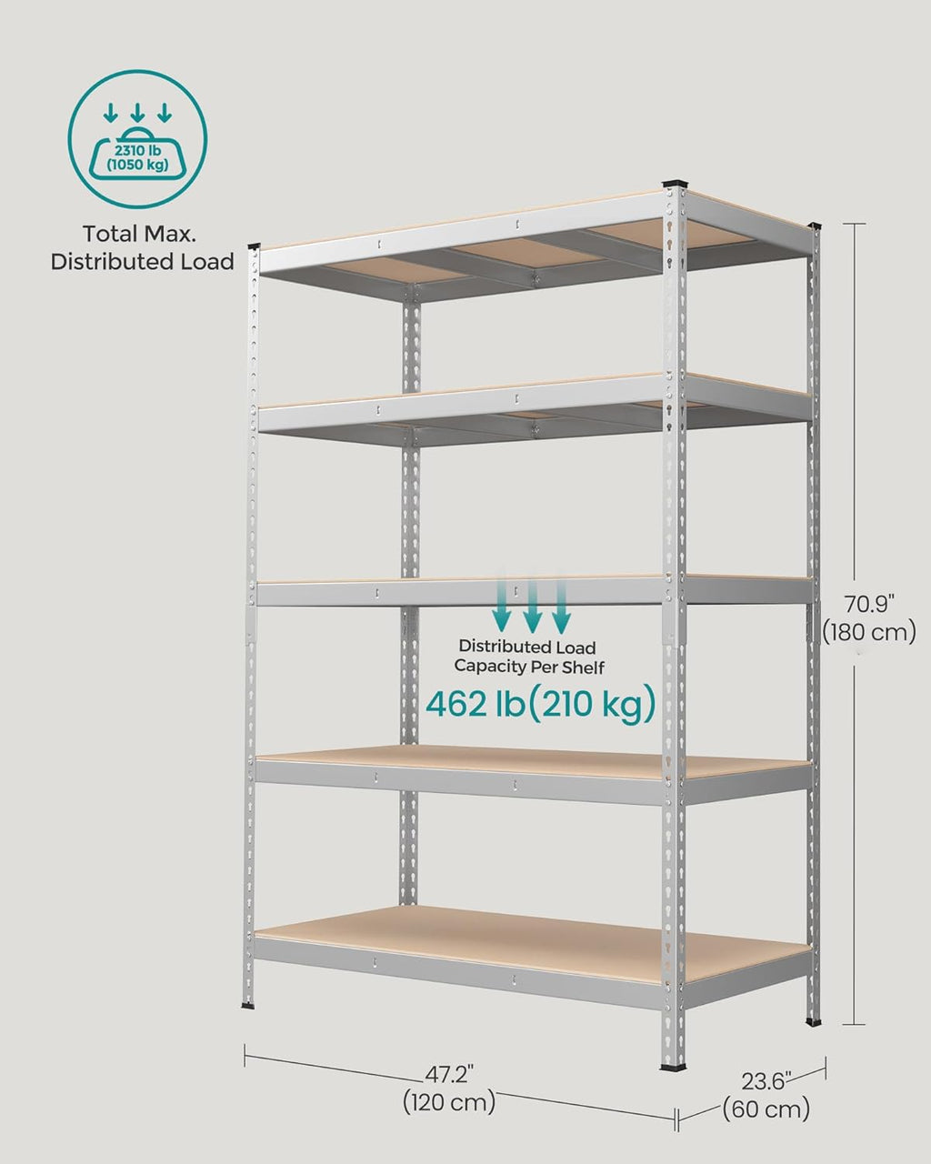 SONGMICS 5-Tier Storage Shelves, Load 2310 lb, Set of 2 Garage Storage, Boltless Assembly, Adjustable Shelving Unit, 23.6 x 47.2 x 70.9 Inches, for Study Shed Basement, Silver UGLR600E02