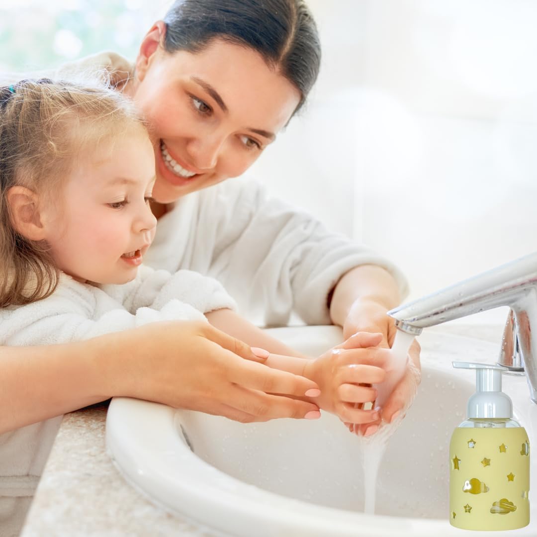 SoCal Suds & Company Glass Foaming Hand Soap Dispenser, Soft Grip Silicone Sleeve, Refillable Pump Bottle for Kids, Baby Wash & Shampoo, Ideal for Home Use, Light Yellow 8oz
