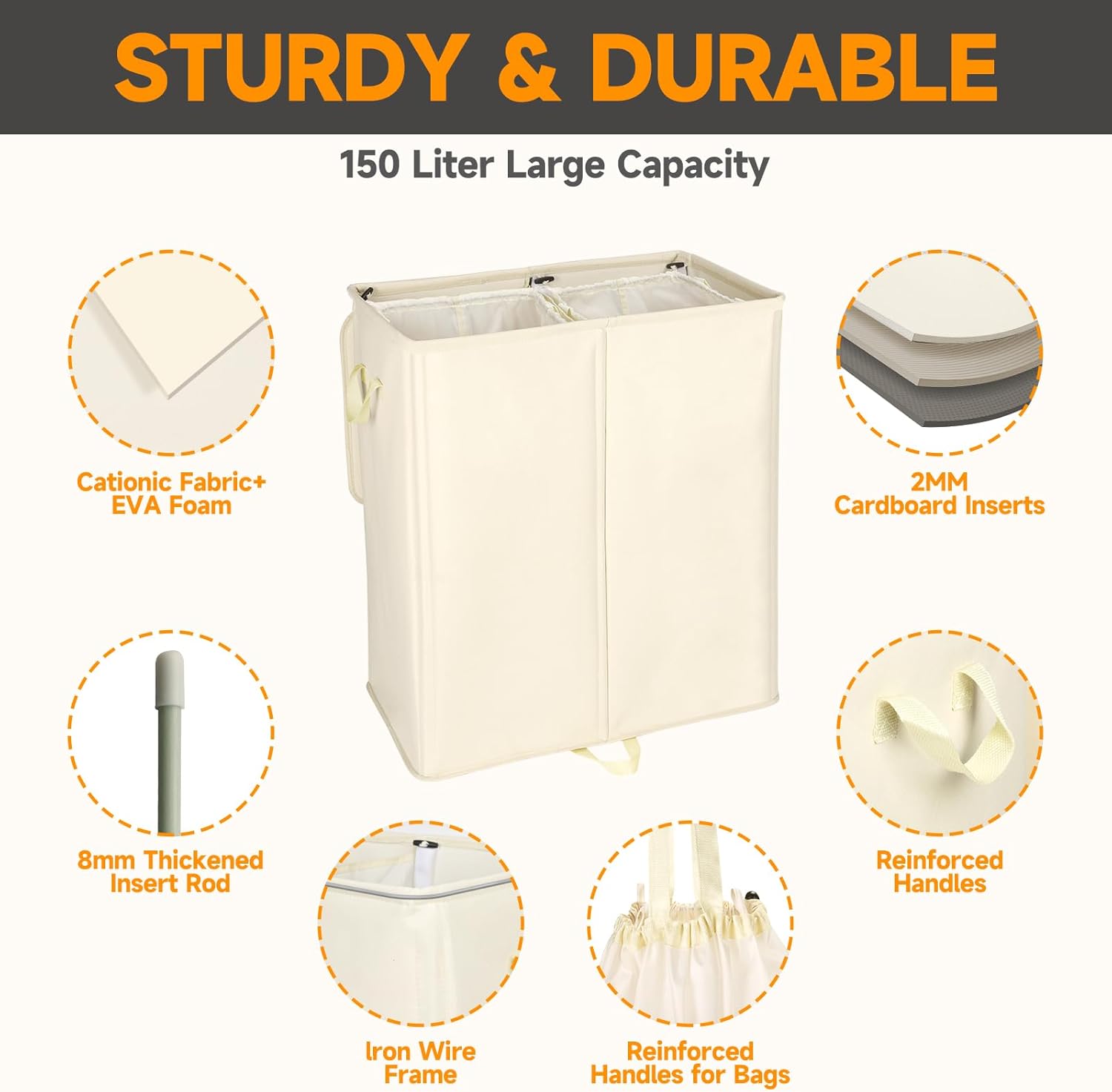 150L Double Laundry Hamper with Lid and Removable Bags,28in Tall Laundry Basket 2 Section,Large Dirty Clothes Hamper 2 Dividers for Bedroom,Laundry Room,Bathroom,Dorm Beige