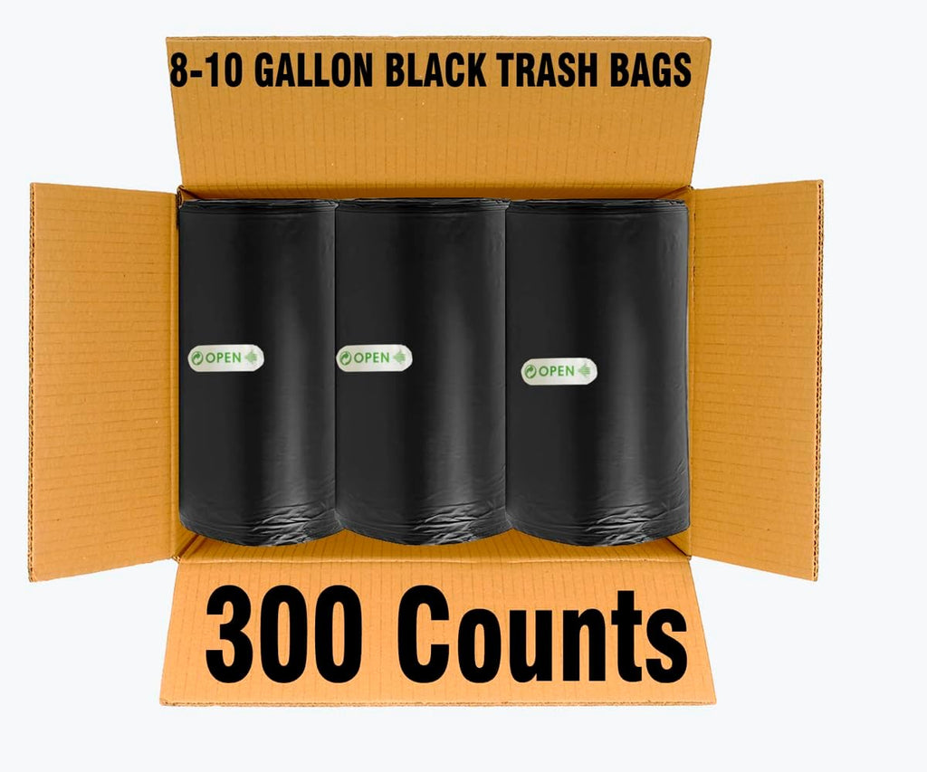 8-10 Gallon Trash Bags, 300 Count Black Garbage bags, Multi-purpose Trash Can Bin Liners for Bathroom, Office, Industrial, Commercial, Janitorial, Municipal, Recycling