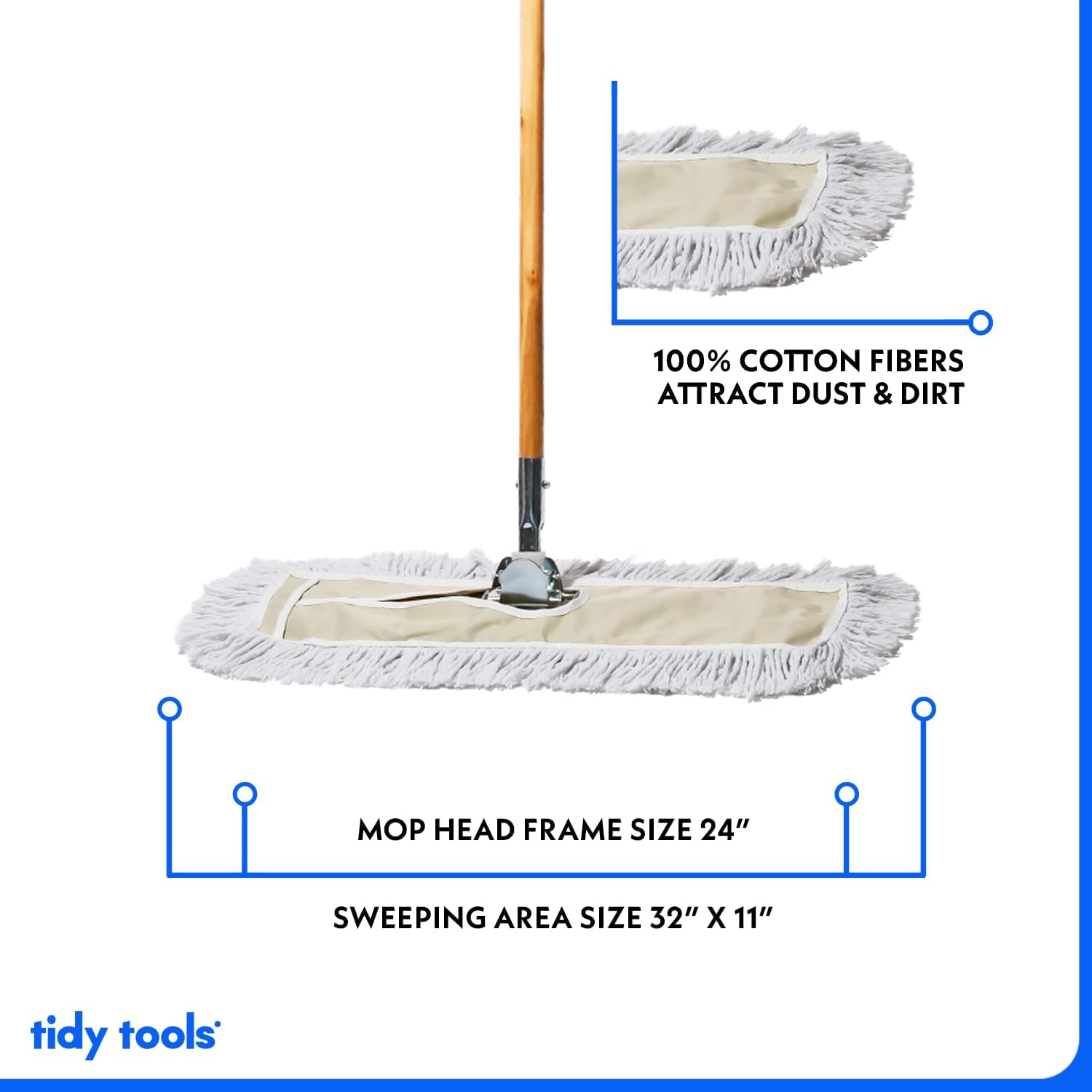 Commercial Dust Mop & Floor Sweeper, 24 in. Dust Mop for Hardwood Floors, Cotton Mop Head, Wooden Broom Handle, Industrial Dry Mop for Floor Cleaning & Janitorial Supplies