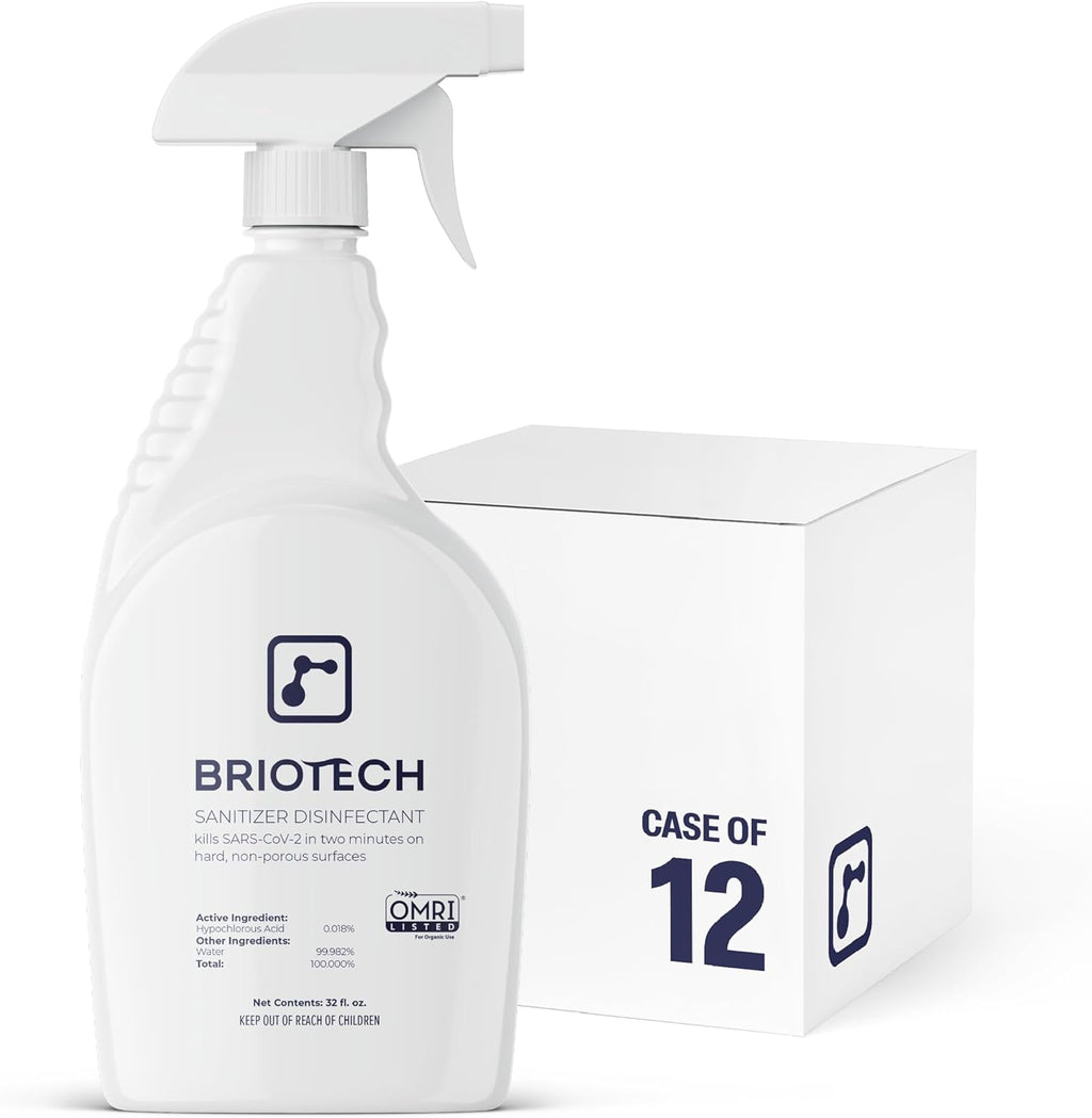 BRIOTECH Sanitizer Disinfectant Hypochlorous Spray, Kill 99.99% of Viruses & Bacteria, Control Mold, Eliminate Odor, Gentle for Nursery & Play Rooms, Food Contact Surface Sanitizer, 32 fl oz (12 Pack)