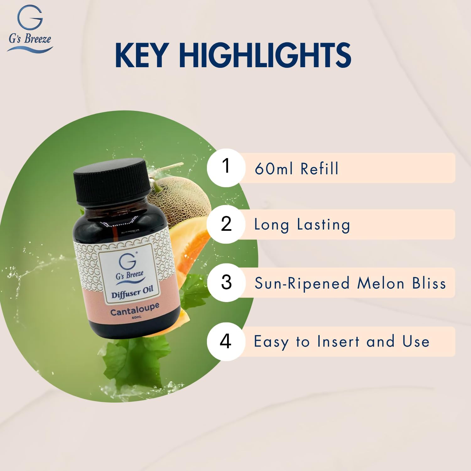 G's Breeze Cantaloupe Diffuser Oil Refill - Sweet, Refreshing & Juicy Scent of Ripe Cantaloupe - Uplifting Aroma, Fruity Spray for Home or Office - Energizing & Long-Lasting Fragrance - 60 ML