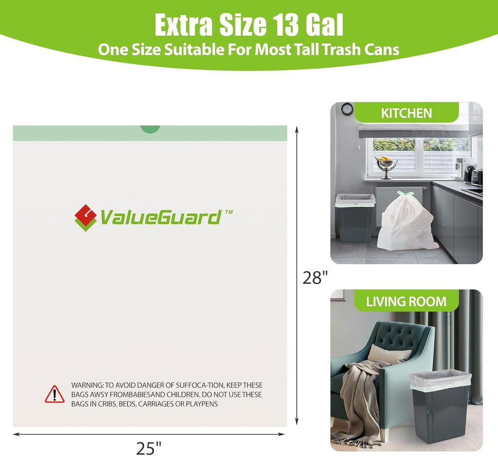 Large Trash Bag 13 Gallon Tall Drawstring 100% Post-Consumer Recycled Garbage Bag Waste Bag for Kitchen Office 0.6 Mil (200 Count)