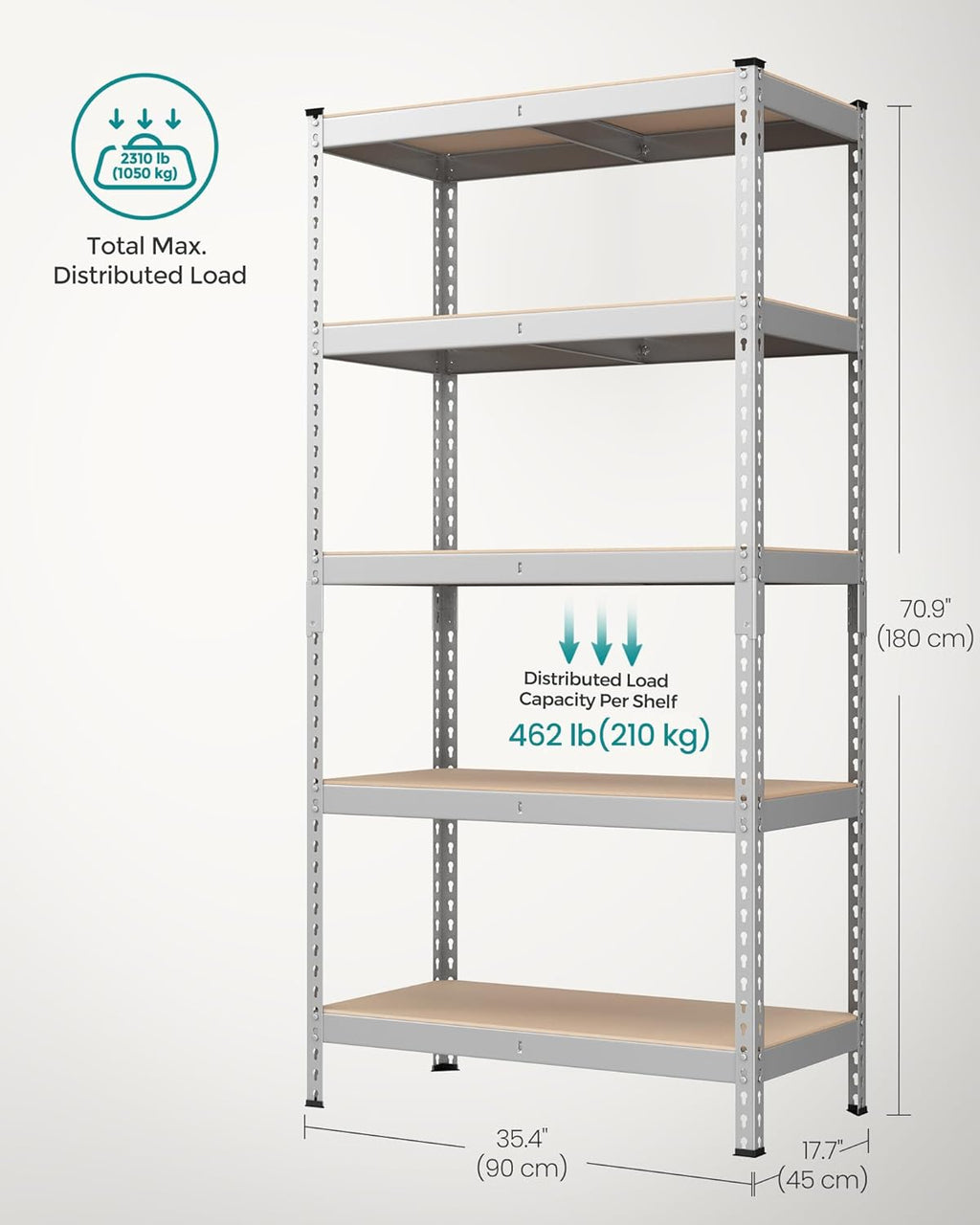 SONGMICS 5-Tier Storage Shelves, Load 2310 lb, Set of 2 Garage Storage, Boltless Assembly, Adjustable Shelving Unit, 17.7 x 35.4 x 70.9 Inches, for Study Shed Basement, Silver UGLR450E02