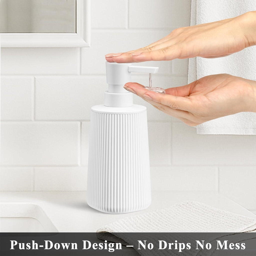 White 2 Pack Hand Soap Dispensers with No Rust Pump for Bathroom and Kitchen Countertops Refillable Striped Matte Plastic 8.5 oz