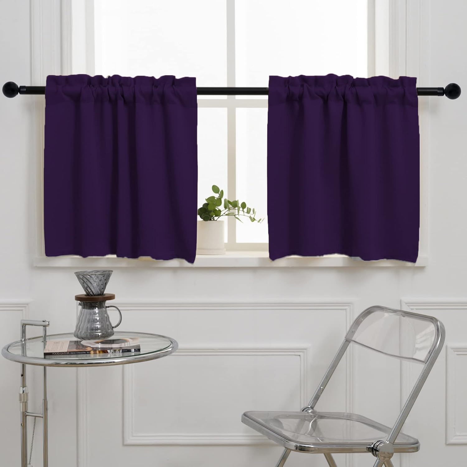 Pickluc Rod Pocket Tier Curtain - Half Blackout Curtain for Kitchen, Bathroom, Cabinet, Basement, 42 Inches Wide and 24 Inches Long, Purple, 2 Panels