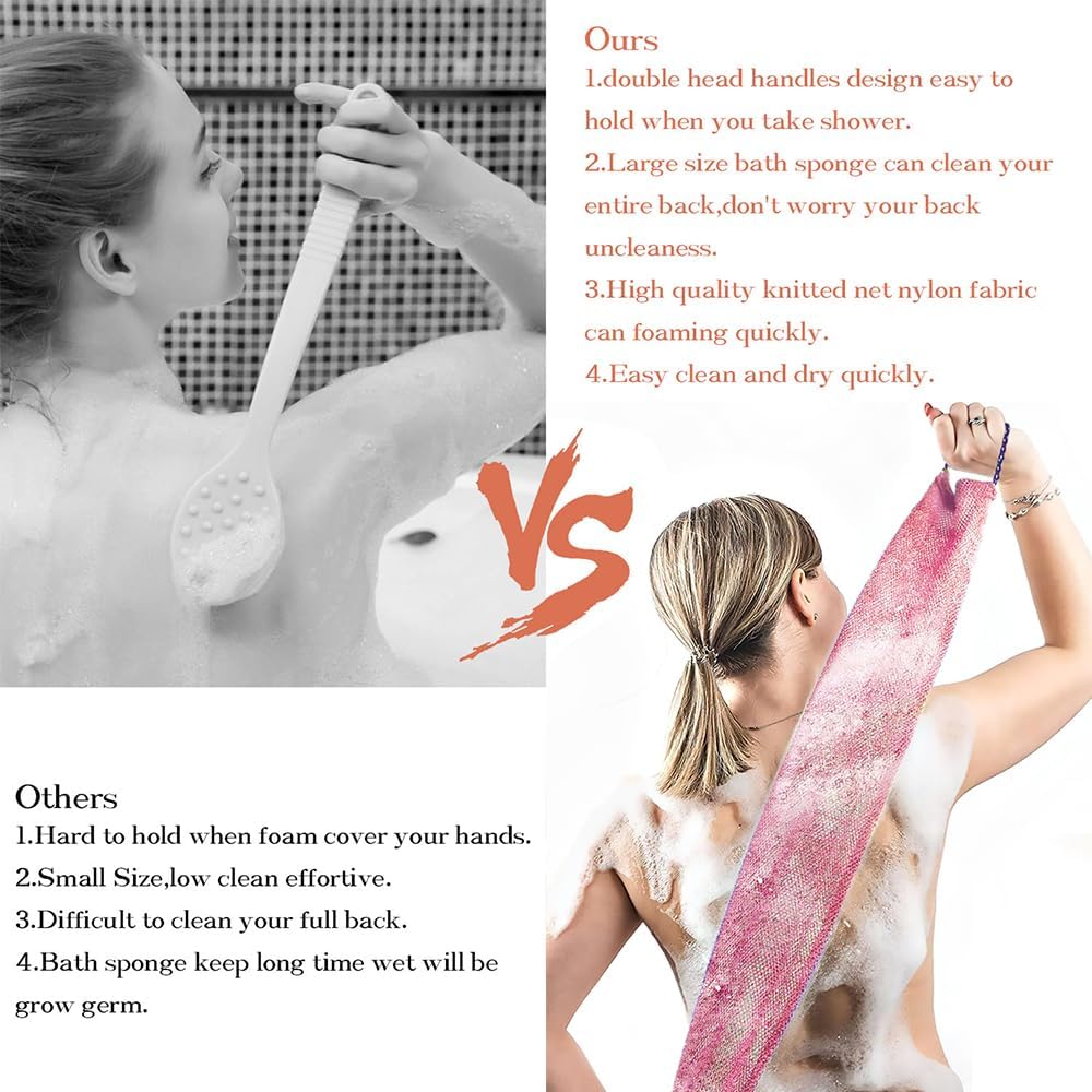 African Net Sponge with Handles 3 Pieces Long African Exfoliating Net Washcloth Bath Sponge Net Cloth Wash Net Body Back Scrubber for Shower Loofah