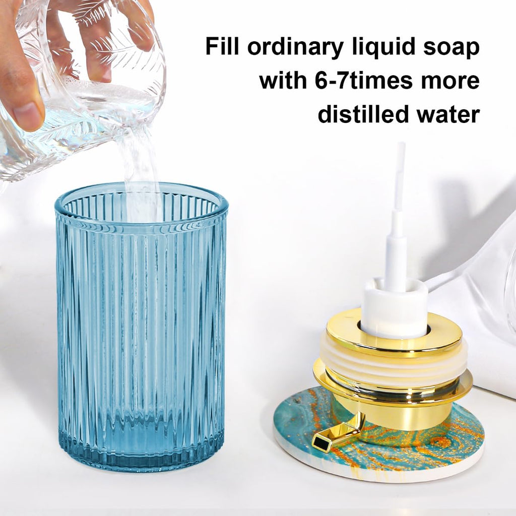 Blue Foaming Soap Dispenser, 12 Oz Glass Foaming Hand Soap Dispenser with Gold Pump, Bathroom Refillable Liquid Lotion Container Pump Ribbed Bottle for Kitchen Bathroom Decor, 1pc