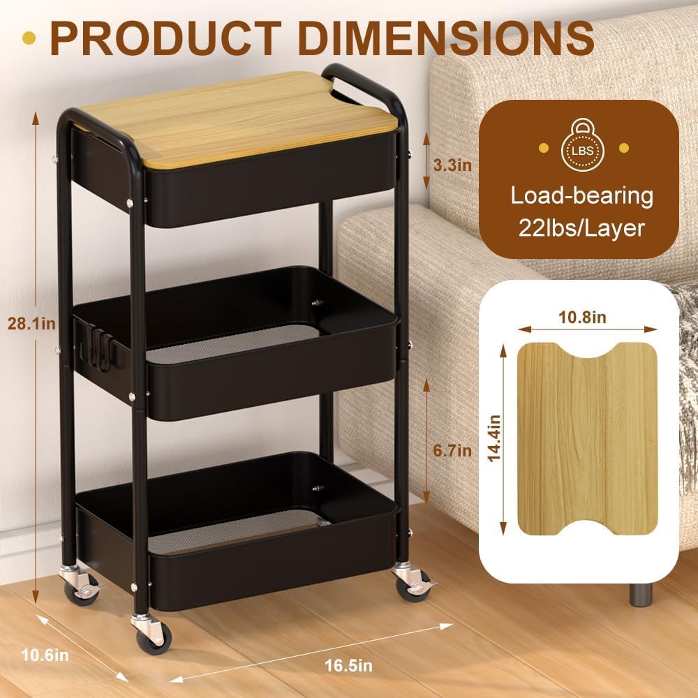 3 Tier Metal Utility Cart, Rolling Storage Cart with Wooden Tabletop, Metal Organizer Cart with Lockable Wheels for Office, Bedroom, Kitchen and Living Room (Black)