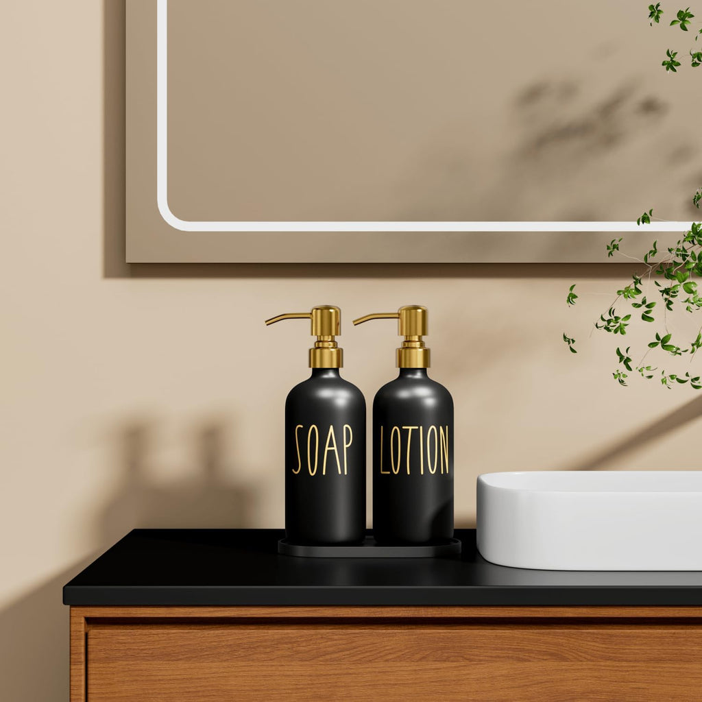 MOMEEMO Bathroom Soap Dispenser Set, Contains Hand Soap and Lotion Dispenser, Suitable for Black and Gold Bathroom Decor. (Black & Gold)
