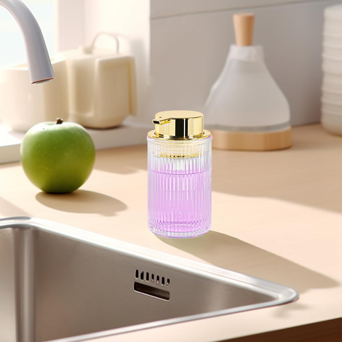 Clear Foaming Soap Dispenser, 12 Oz Glass Foaming Hand Soap Dispenser with Gold Pump, Bathroom Refillable Liquid Lotion Container Pump Ribbed Bottle for Kitchen Bathroom Decor, 1pc