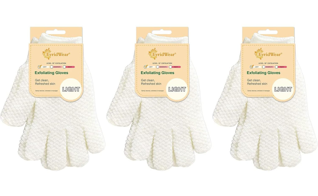 Evridwear Exfoliating Gloves for Shower, 100% Nylon Thick Soft Medium Heavy Bathing Gloves Dead Skin Remover Body Scrubber Smooth Skin with Hang Loop, 3 Pairs Light White