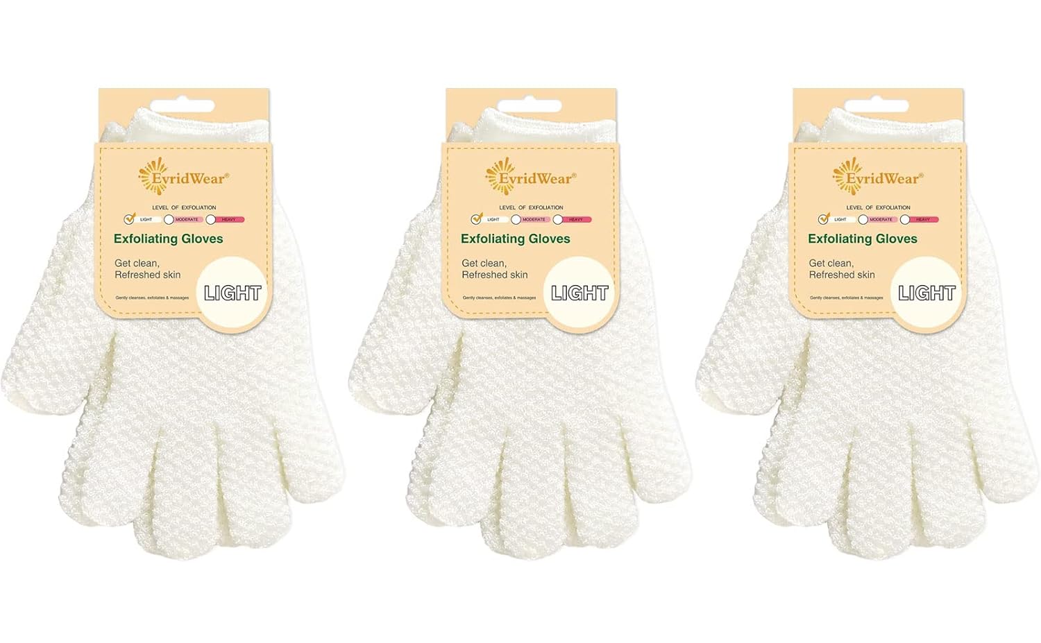 Evridwear Exfoliating Gloves for Shower, 100% Nylon Thick Soft Medium Heavy Bathing Gloves Dead Skin Remover Body Scrubber Smooth Skin with Hang Loop, 3 Pairs Light White