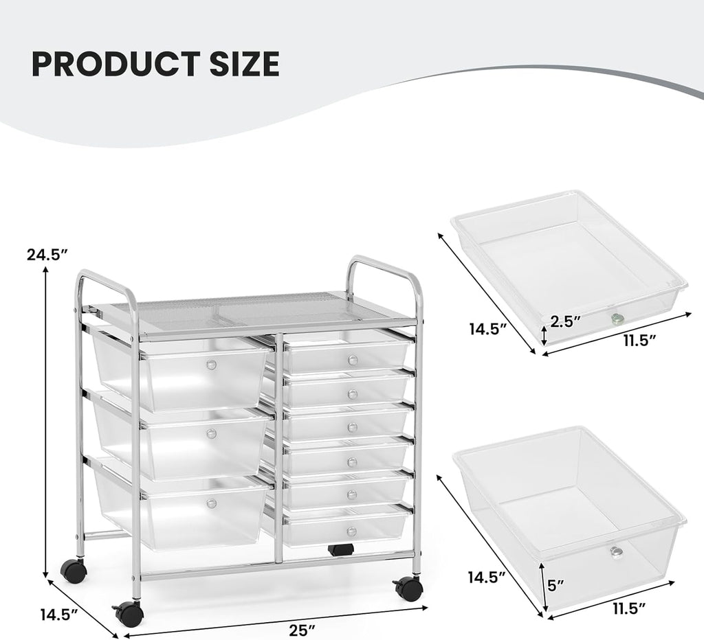 GOFLAME 9-Drawer Rolling Storage Cart, Mobile Utility Cart with Removable Drawers & Metal Frame, Art Craft Organizer Cart with Lockable Wheels, Storage Drawer Cart for Home Office, School, Clear