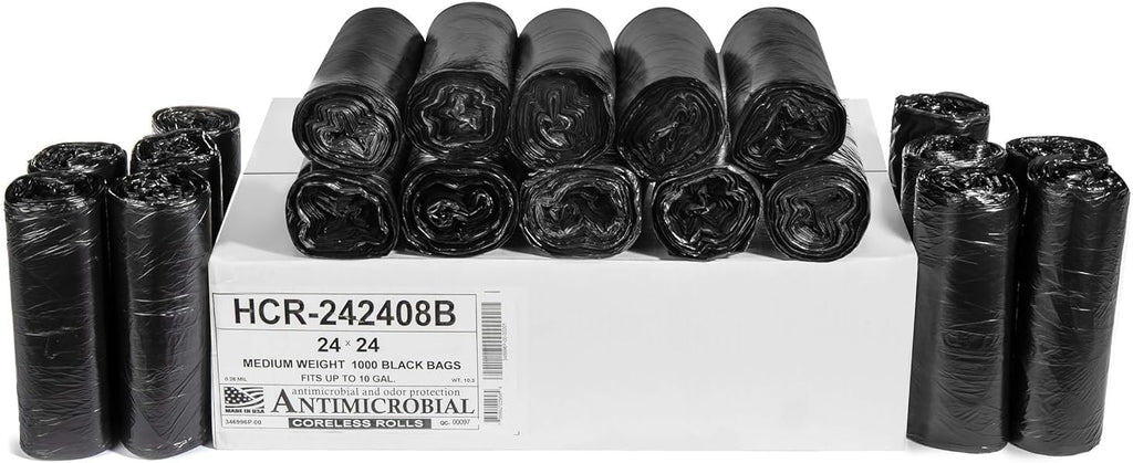 Aluf Plastics High Density Trash Bags, 10 Gallon, 1000 Count, 8 Micron (eq), 24" x 24", Black, for Bathroom, Office, Industrial, Commercial, Janitorial, Municipal, Recycling