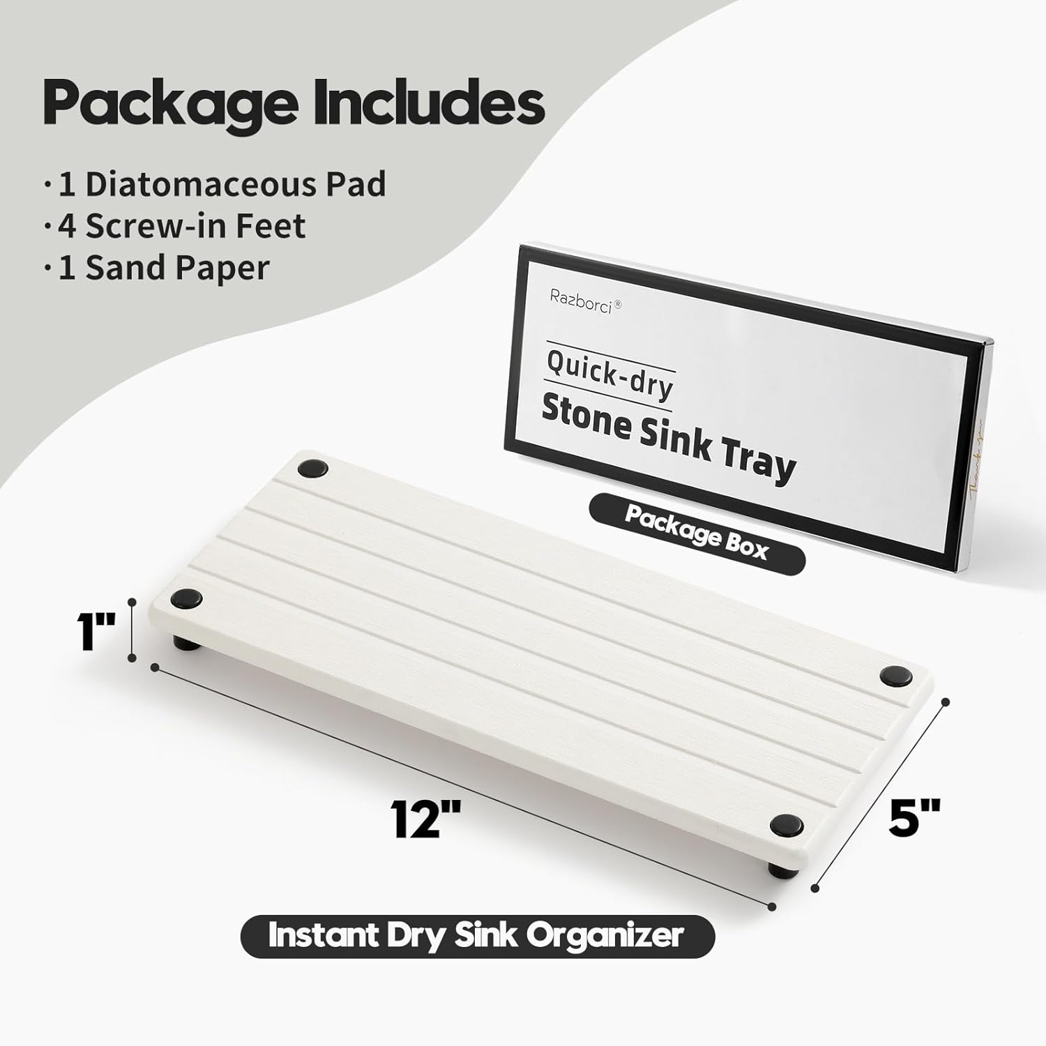 Instant Dry Sink Caddy Kitchen Sink Organizer, Quick Drying Stone Tray Diatomite Sponge Holder Soap Dish, Bathroom Countertop Fast Dry Water Absorbing Vanity Rack, White, 12" x 5"