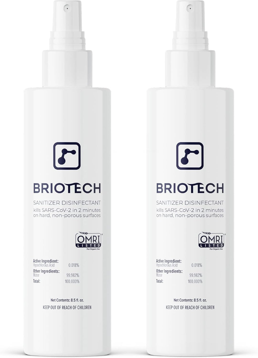 BRIOTECH Sanitizer Disinfectant Hypochlorous Spray, Kill 99.99% of Viruses & Bacteria, Control Mold, Eliminate Odor, Gentle for Nursery & Play Rooms, Food Contact Surface Sanitizer, 8 fl oz (2 Pack)