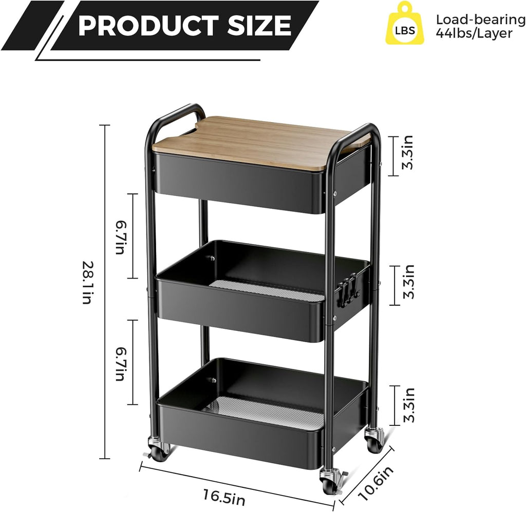 3 Tier Rolling Cart with Table top, Metal Utility Cart, Sturdy Storage Organizer Cart with Locking Wheels & Hooks for Office, Classroom, Kitchen and Bathroom