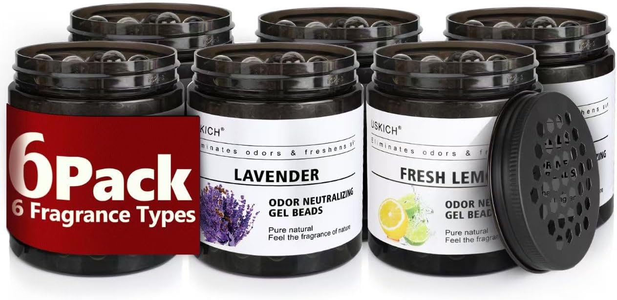 6 Pack Odor Eliminator Gel Beads, 6 kinds of fragrance Clear Air Freshener Made with Essential Oils - Eliminates Odors in Bathrooms, Cars, Boats, RVs & Pet Areas