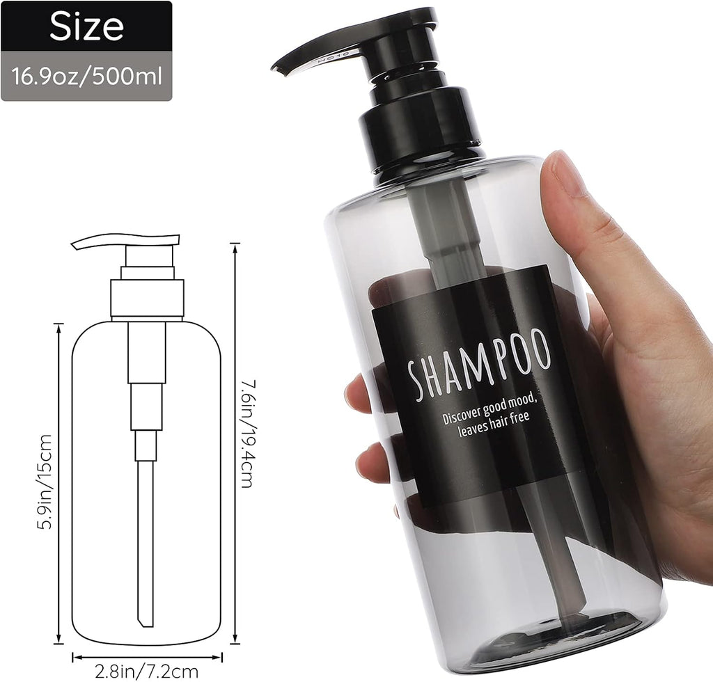 Refillable Shampoo Bottles, Segbeauty 16.9oz Shampoo Dispenser, 3pcs 500ml Empty Plastic Pump Bottle for Shower, Labeled Grey Large PET Lotion Dispenser with Pump Body Soap Conditioner Hotel Bathroom