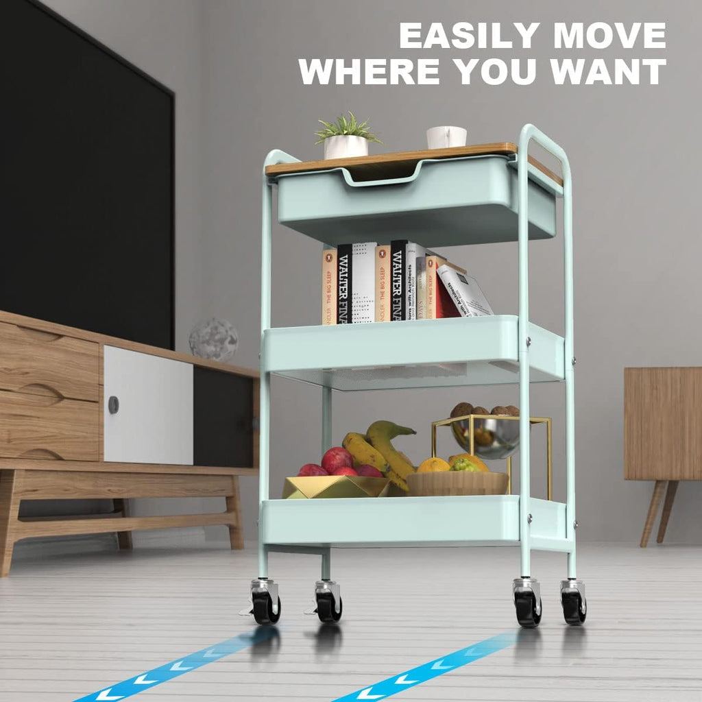 3 Tier Rolling Cart, Utility Cart with Drawer and Table Top, Metal Rolling Kitchen Storage Organizer Cart with Handle and Locking Wheels for Bathroom Office Balcony Living Room