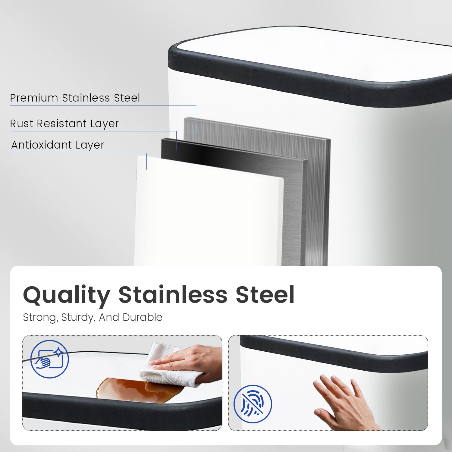 16 Gallon Dual Trash Can, Kitchen Recycling Bins with 2 x 8 Gallon Compartments, 2 Plastic Removable Liners, Soft-Close Lid, Stainless Steel Step Trash Can, White