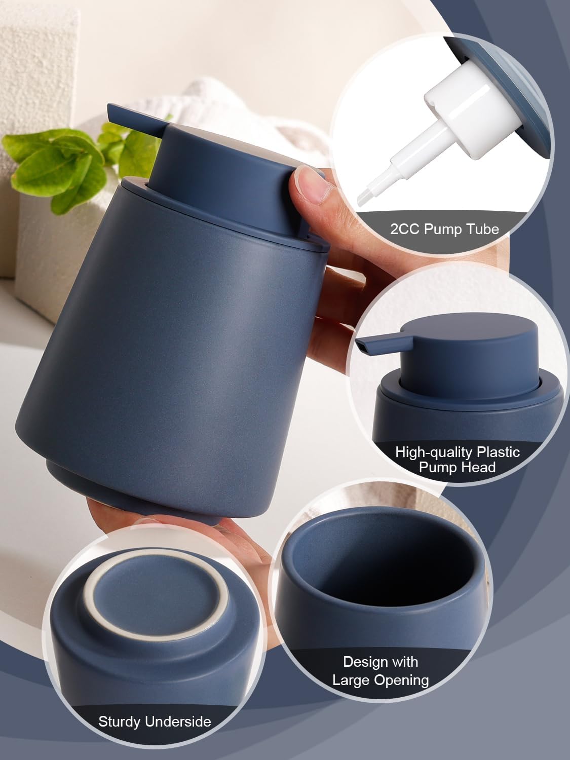 INGOFIN Ceramic Foaming Soap Dispenser -14 oz Foam Hand Soap Dispenser Bathroom, Modern Refillable Dish Wash Bottle for Kitchen with Large Pump, Matte Blue