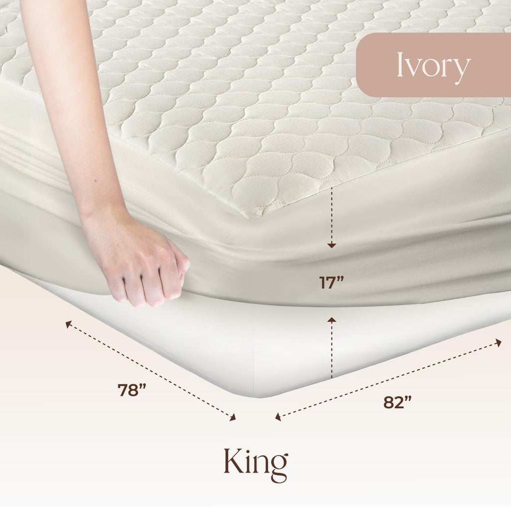 100% Cotton Organic Mattress Pad - Breathable & Cooling Mattress Protector King Size - Premium 300GSM Quilted and Noiseless Machine Washable Organic Mattress Protector (Ivory, King)