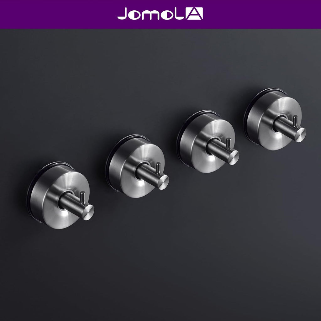 JOMOLA Brushed Stainless Steel Shower & Bathroom Hooks - No Drill Adhesive-Free Suction Cup Hardware, Rustproof Waterproof Metal Wall Mount for Towel Robe, Damage-Free (4-Pack)