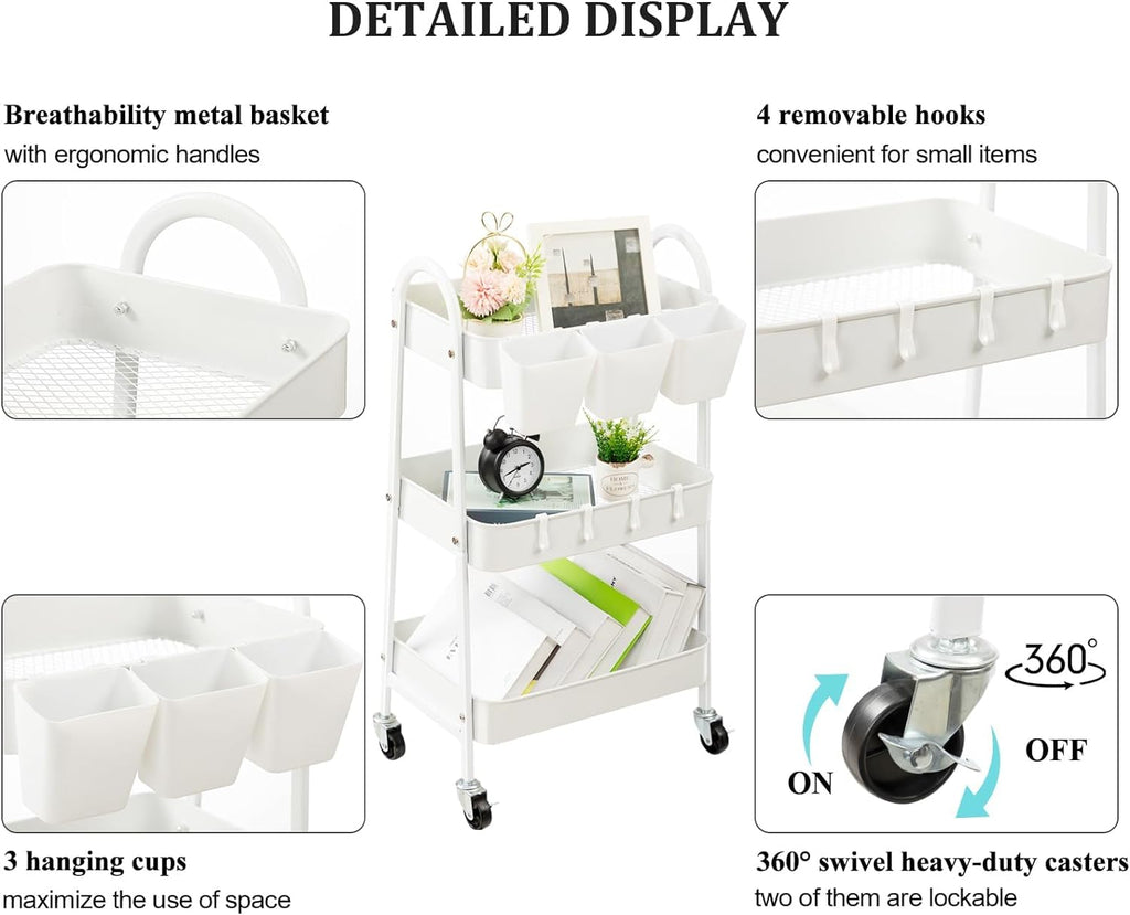 danpinera 3-Tier Rolling Cart, Metal Rolling Storage Cart with Lockable Wheels & Hanging Cups & Hooks, Mobile Trolley Cart for Kitchen, Bathroom, Office, Workshop, White