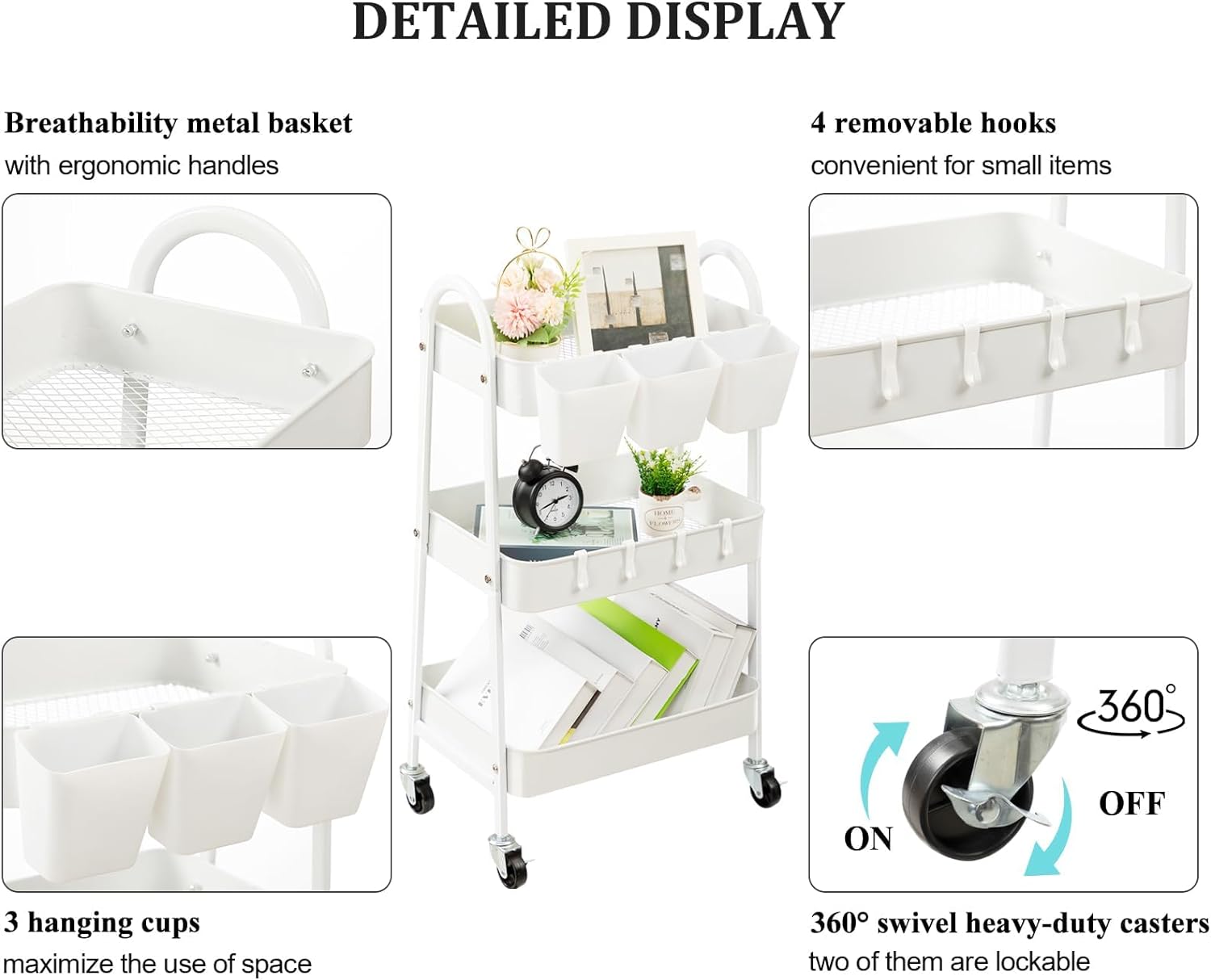 danpinera 3-Tier Rolling Cart, Metal Rolling Storage Cart with Lockable Wheels & Hanging Cups & Hooks, Mobile Trolley Cart for Kitchen, Bathroom, Office, Workshop, White