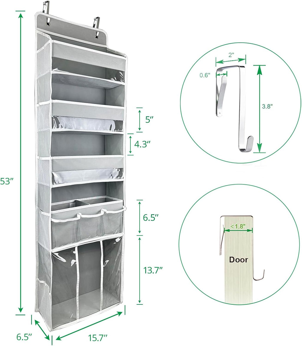 Door Hanging Storage Organizer,with 3 Bins 1 Movable Baby Diaper Caddy,1 Large capacity diaper stacking storage Organizer,10 Side Pockets ,Bedroom Door Storage for Nursery Baby Essentials.Grey 1 Pack.
