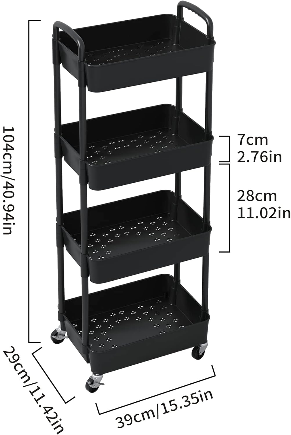 Sywhitta 4-Tier Plastic Rolling Utility Cart with Handle, Multi-Functional Storage Trolley for Office, Living Room, Kitchen, Movable Storage Organizer with Wheels, Black