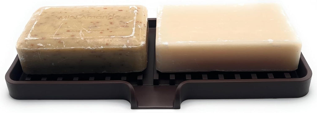 Happitasa Silicone Soap Dish Tray and Sponge Holder with Drain Chute | Bathroom and Kitchen Sink Organizer Caddy (Dark Chocolate, 9"x3.5", 5.6 Ounces)