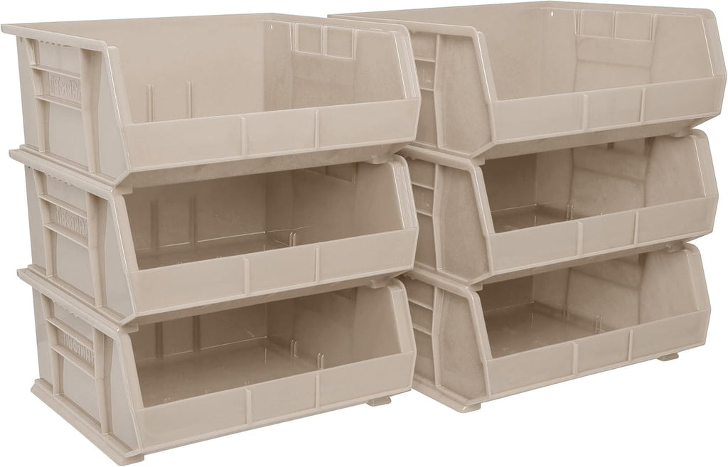 Akro-Mils 30235 AkroBins Plastic Storage Bins, Space-Saving Stackable Bins for Garage, Pantry, Craft Organization, 11" x 11" x 5", Stone, 6-Pack