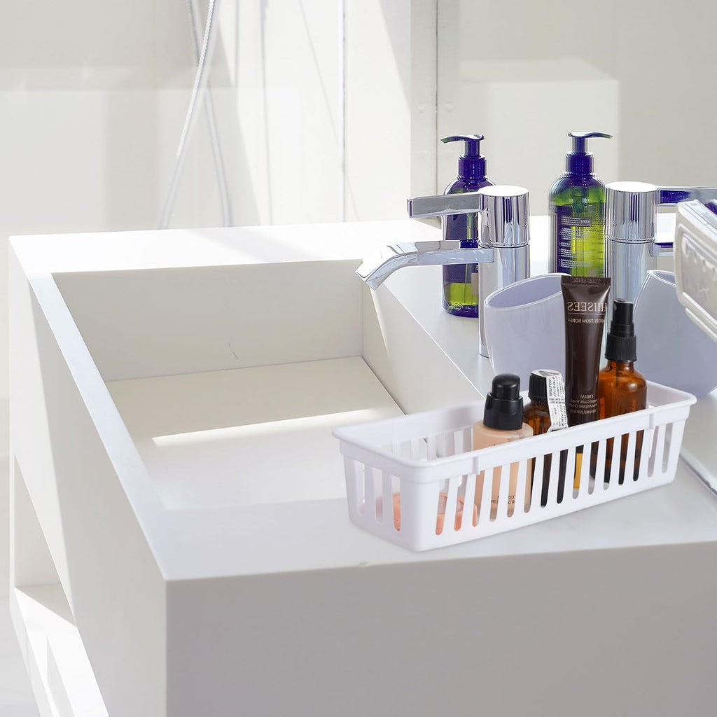 Domensi 12 Pack Slim Plastic Storage Baskets Tray for Organizing 10.25x3.25x2.5 Inch Small Narrow Storage Bins Stackable Drawer Pencil Trays Holder for Desk Garage Cabinet Container (White, Black)